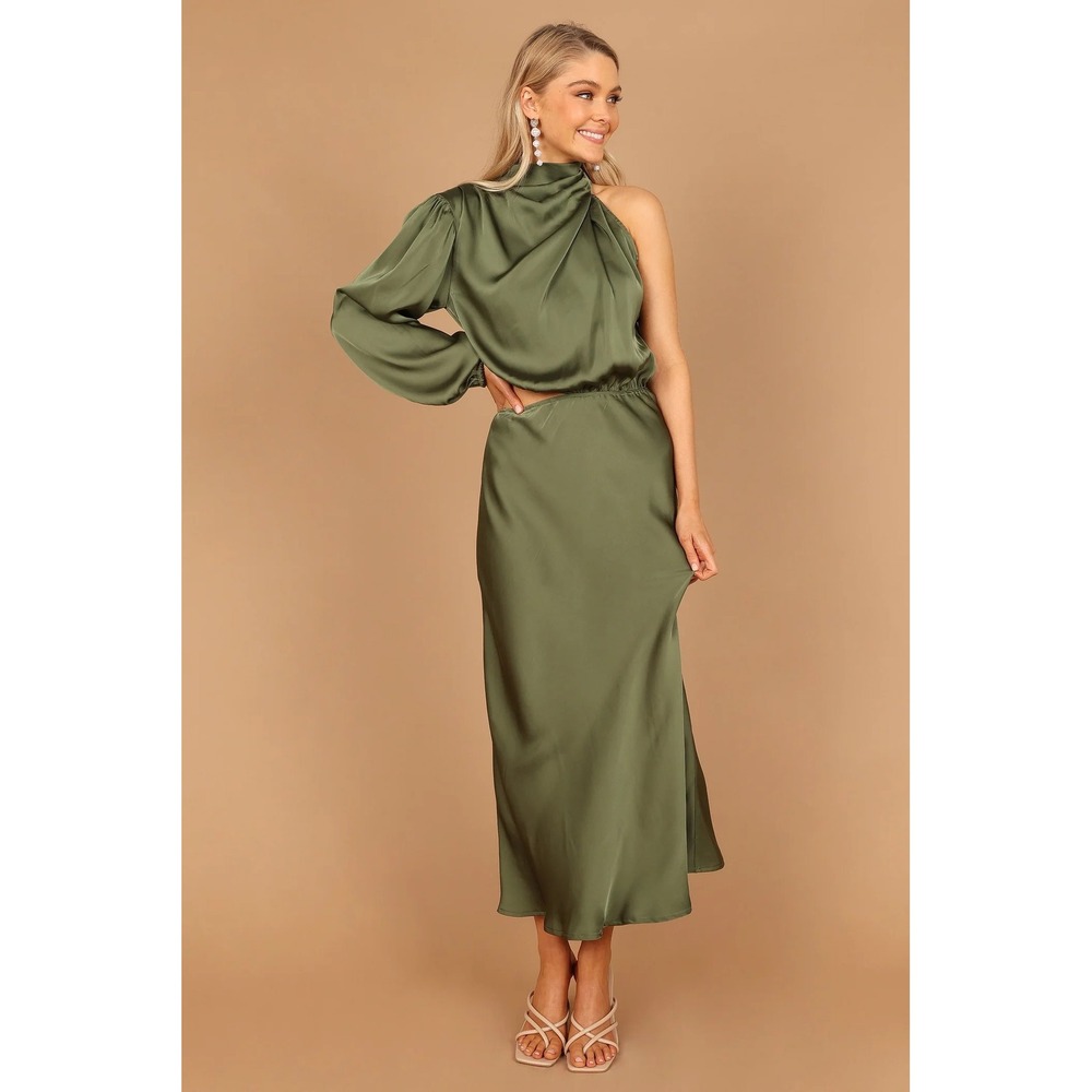 Petal & Pup Amelie One Shoulder Midi Dress Womens XS Olive Green Satin Cutout